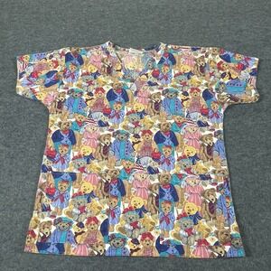 VTG Crest Scrub Top‎ Shirt Women Medium AOP Bears Nursing Colorful Pockets Retro